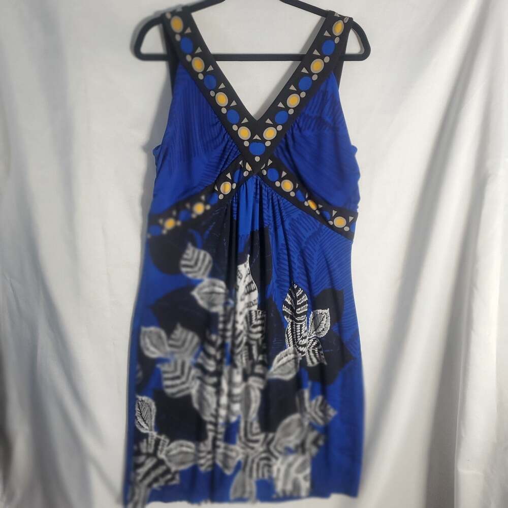 Style & Co Blue Sleeveless Dress Size 0X V-Neck Floral Stretch Knit 40.5" Long